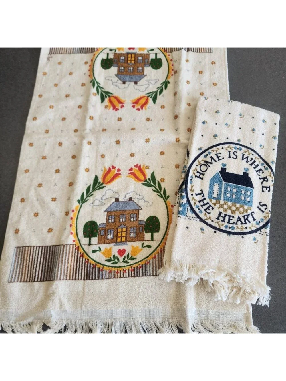 Vtg Cottagecore Fringed Kitchen Towel Set House Home Is Where The Heart Is